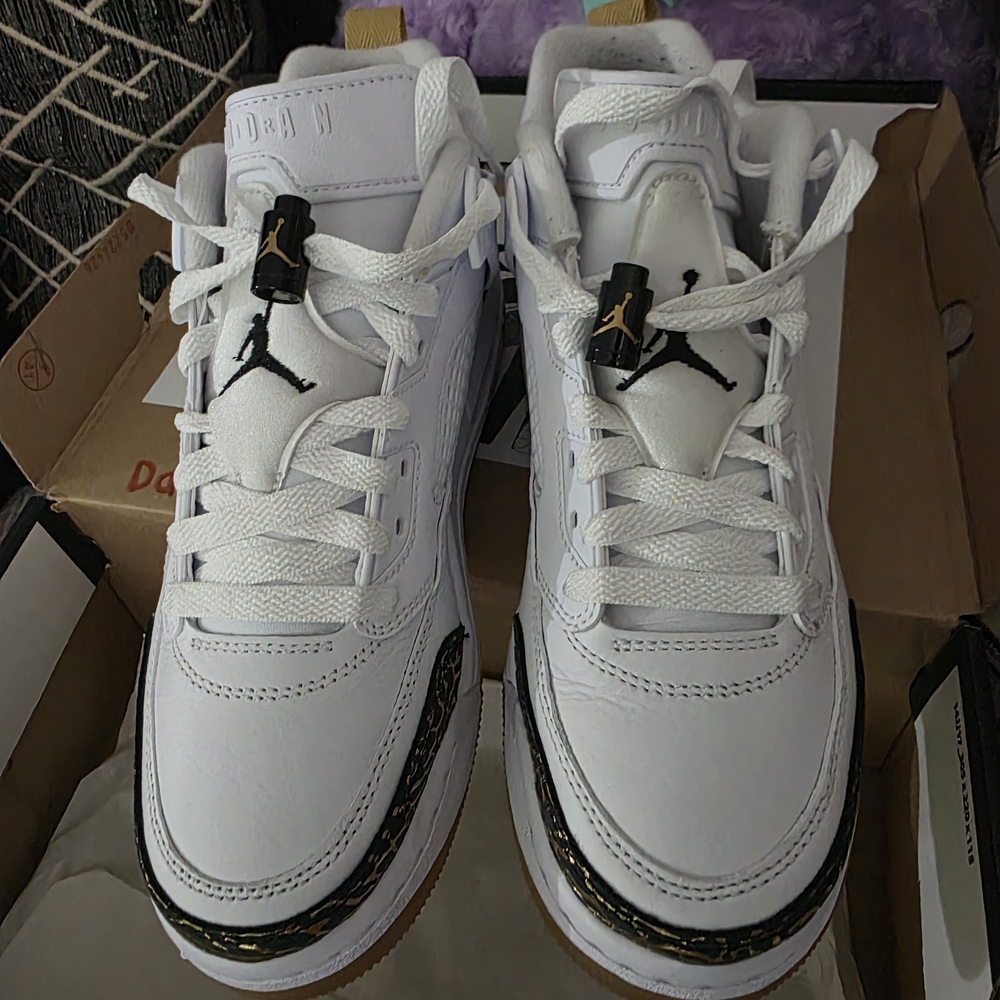 Jordan White and Black Sneakers with Gold and Leopard Print
